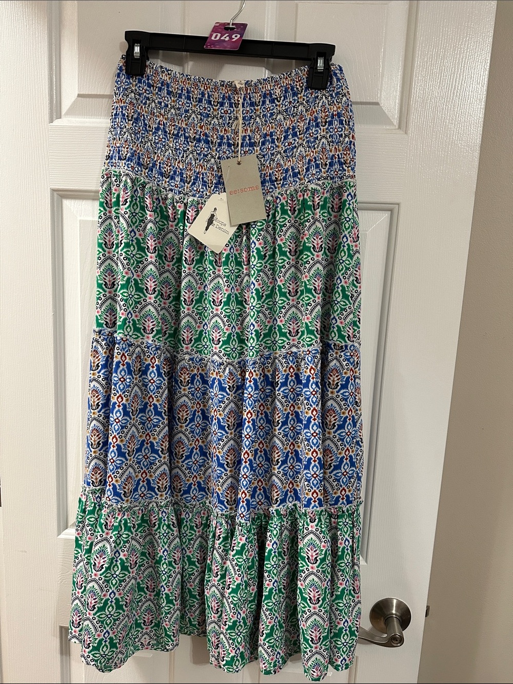 eesome Blue, Green and White Tiered Printed Maxi Skirt